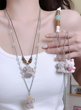 童趣卡通可爱植绒猫咪狗狗土星球吊坠项链女小众设计毛衣锁骨链潮