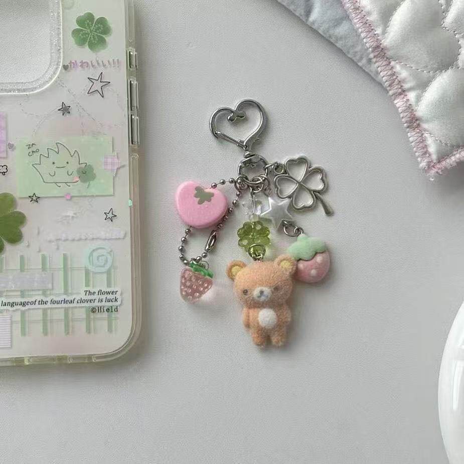 【爱吃草莓的植绒棕熊】可爱草莓熊钥匙扣挂件咕本链爱心扣手机链