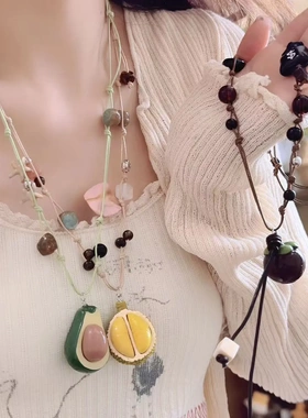 复古波西米亚山竹榴莲水果系列抽拉项链女小众时尚个性毛衣链潮