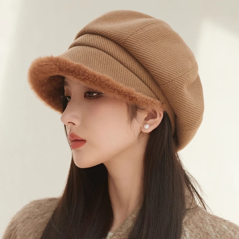 毛绒贝雷帽女2024新款秋冬八角帽加厚堆堆帽子冬季帽棒球帽渔夫帽