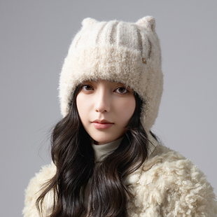 护耳套头毛线帽子冬天可爱甜美双角保暖帽加绒防寒女显脸小毛绒帽