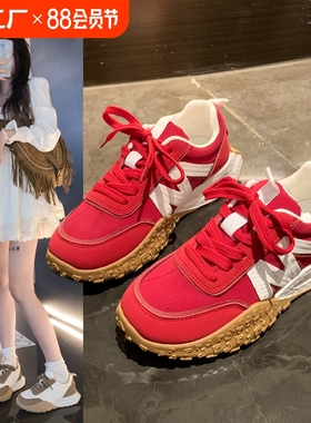 奥莱店红色阿甘鞋女童中大童早秋新款百搭软底德训鞋休闲运动板鞋