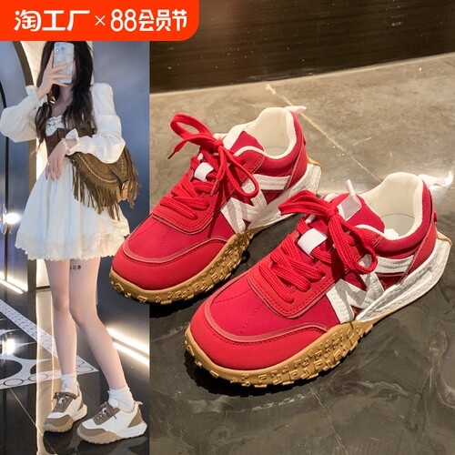 奥莱店红色阿甘鞋女童中大童早秋新款百搭软底德训鞋休闲运动板鞋