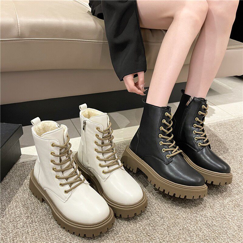 ABC defier马丁靴女大童软皮2025秋冬百搭英伦中学生加绒中筒短靴