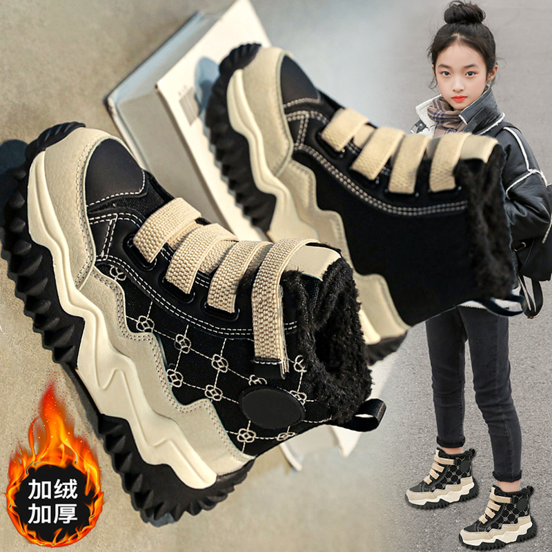 ABC defier女童棉鞋冬季加绒加厚雪地靴黑色运动鞋中大童高帮棉靴