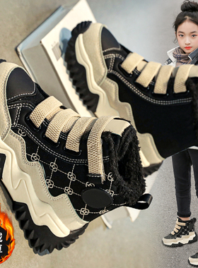 ABC defier女童棉鞋冬季加绒加厚雪地靴黑色运动鞋中大童高帮棉靴