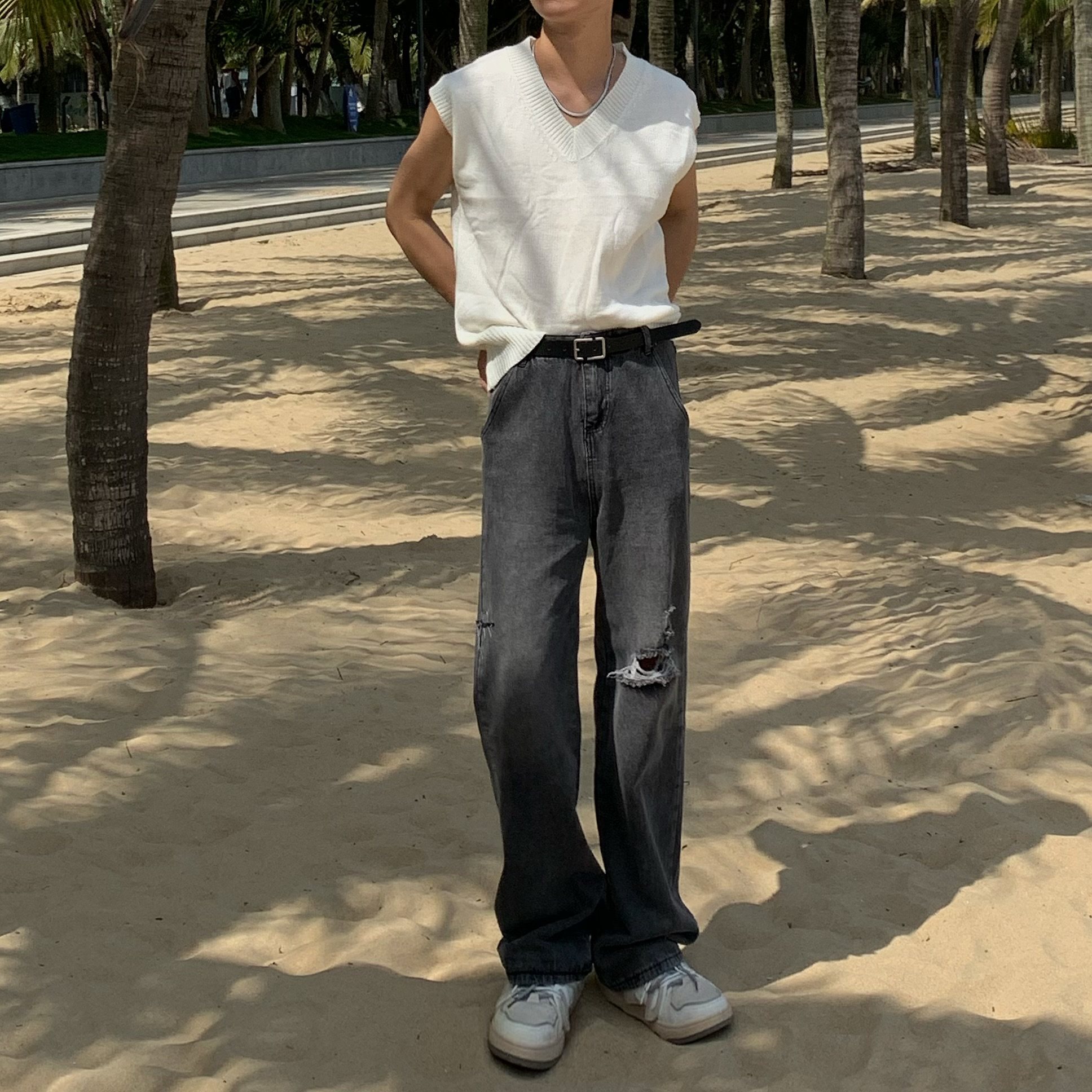 beancurd 灰色直筒破洞牛仔裤夏季高腰显瘦透气拖地阔腿裤 男女