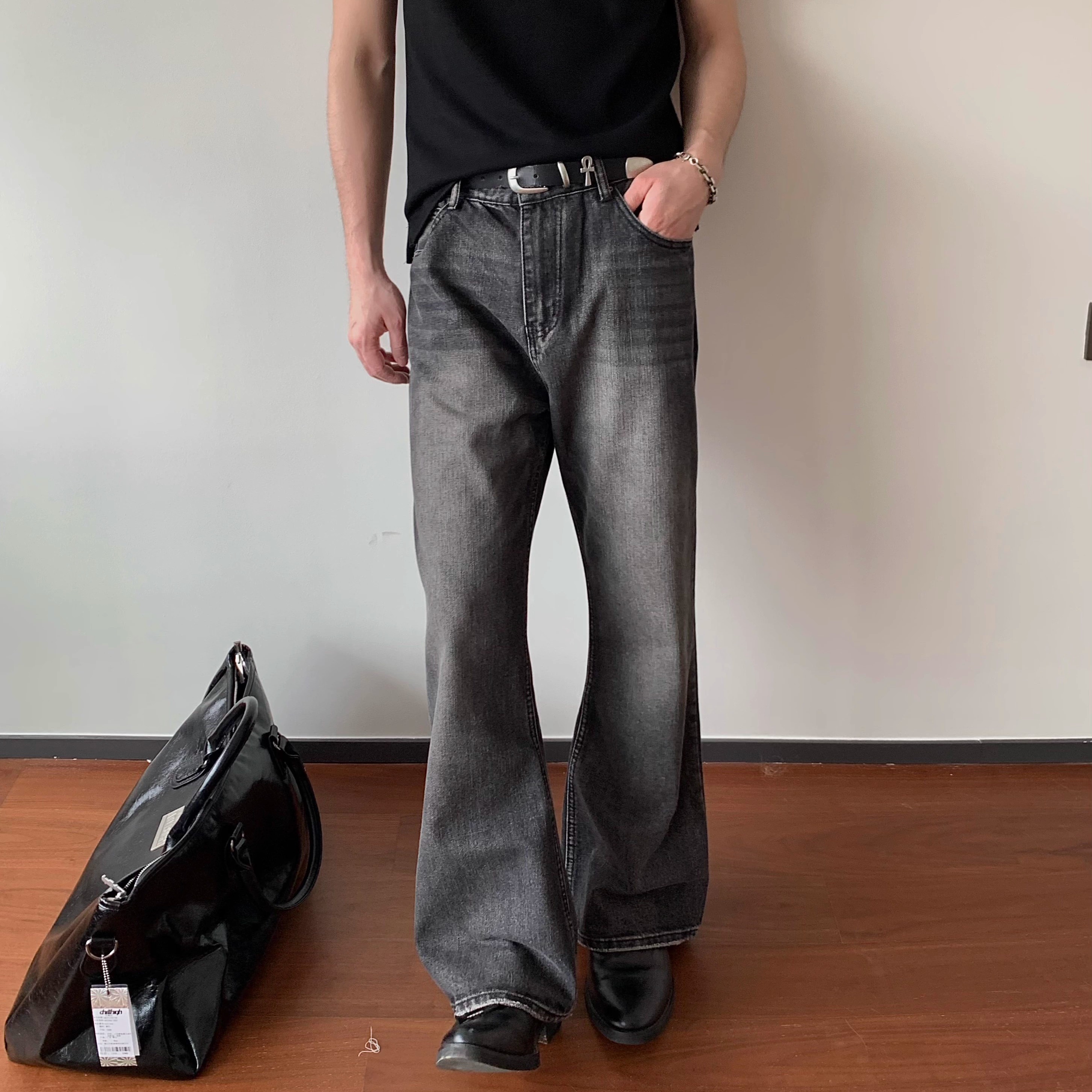 BEANCURD美式复古竹节纹微喇长裤