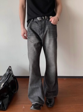 BEANCURD 美式baggy jeans黑灰色牛仔裤复古竹节纹微喇长裤 8606