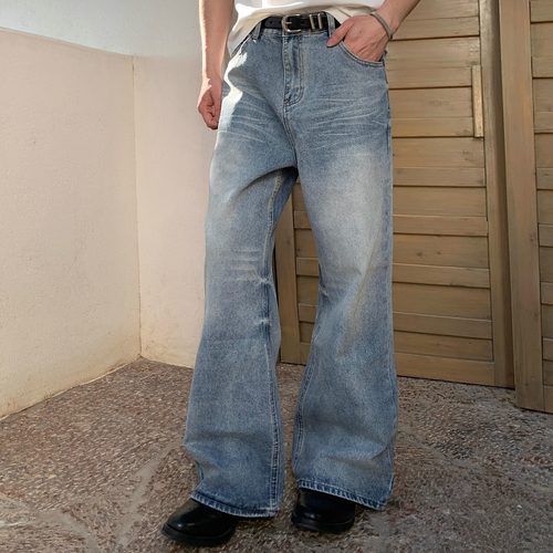 BEANCURD 美式baggy jeans冰蓝水洗牛仔裤男凌乱猫须直筒M331