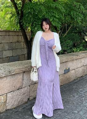 DEMA小德玛法式浅紫色连衣裙扎染印花度假风吊带碎花大码微胖长裙