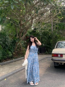 DEMA小德玛 法式复古露背蝴蝶结连衣裙海边度假长裙显瘦大码微胖