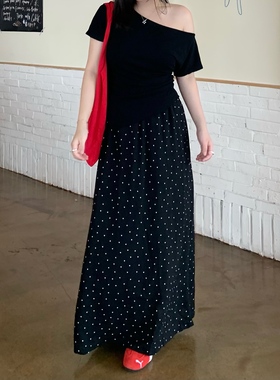 DEMA小德玛 韩系黑色波点半身裙女夏季ins风高腰显瘦大码微胖长裙