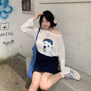 T恤罩衫 DEMA小德玛 防晒长袖 韩版 斜肩上衣女 小狗印花露肩宽松夏季