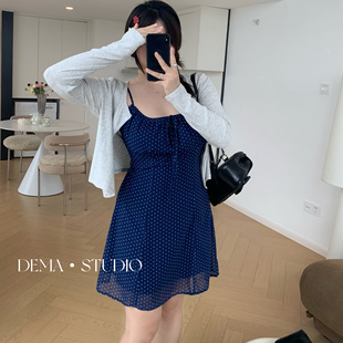 开衫 DEMA小德玛 薄款 韩系甜美深蓝波点吊带连衣裙女夏季 短裙 新款