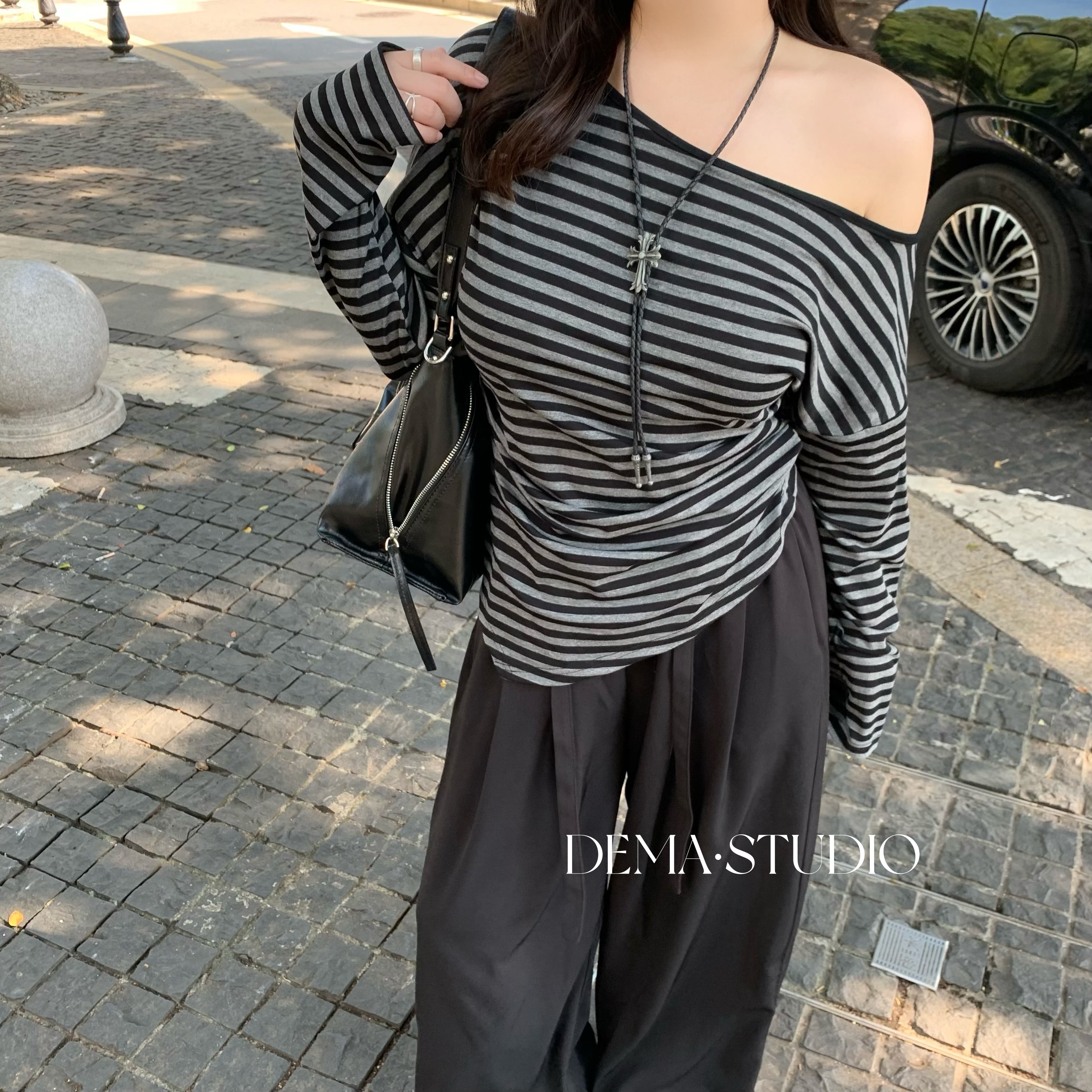 斜肩条纹长袖T恤女上衣微胖大码