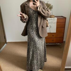 DEMA小德玛 豹纹吊带连衣裙女秋冬款内搭修身显瘦收腰设计感大码