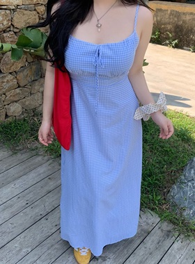 DEMA小德玛蓝格纹吊带连衣裙夏季新款韩系度假风海边收腰大码长裙