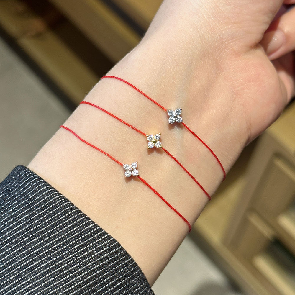 法国巴黎小红绳圆钻转运全绳手链本命年四叶草手绳幸运手工925银