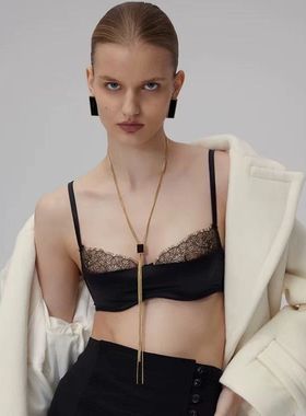 长款黑色方牌流苏项链女轻奢小众设计感珐琅耳环戒指颈链套装