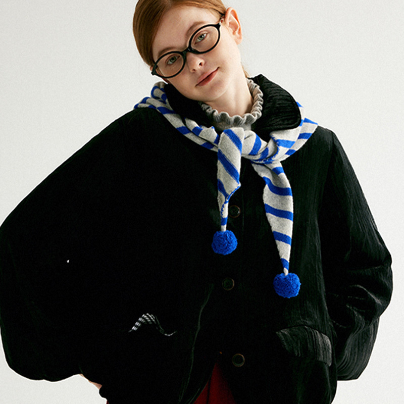 日系手工球球条纹三角围巾新款保暖围脖条纹围脖外搭披肩