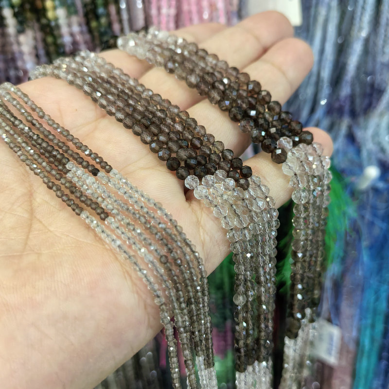 天然渐变色茶晶切面圆珠 2/3/4mm小颗粒刻面散珠 diy手链项链配件
