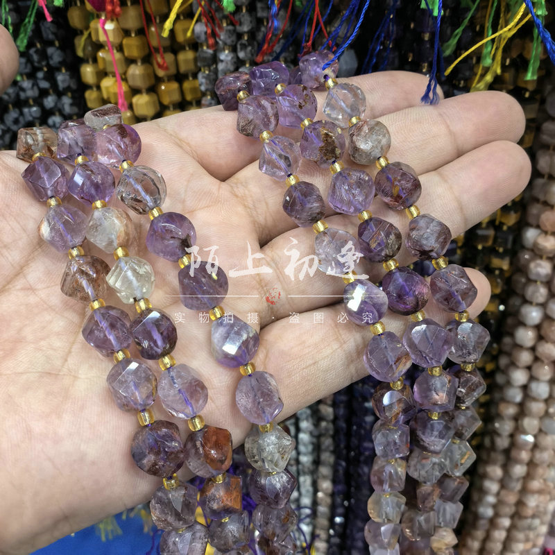 10mm紫水晶圆珠 紫幽灵异象切面螺旋S形扭珠diy手链发簪饰品配件
