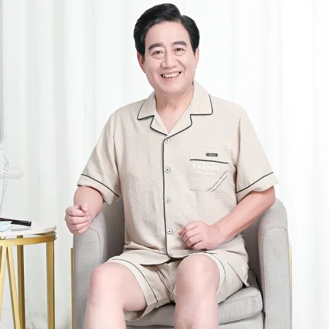 中老年人纯棉短袖短裤睡衣男夏季爸爸装家居服爷爷开衫夏装加大码