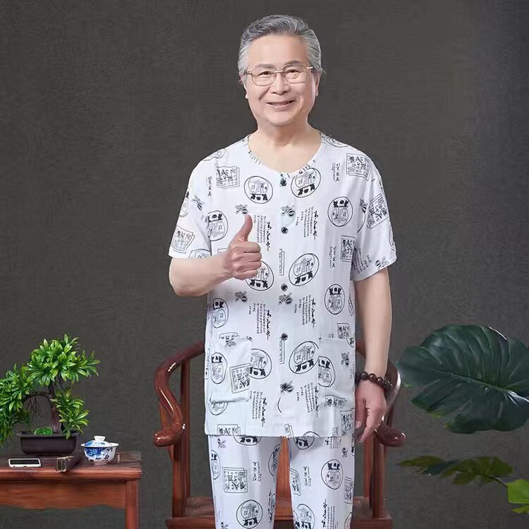 爸爸夏装短袖短裤爷爷开衫系扣睡衣男纯棉绸中老年宽松大码家居服