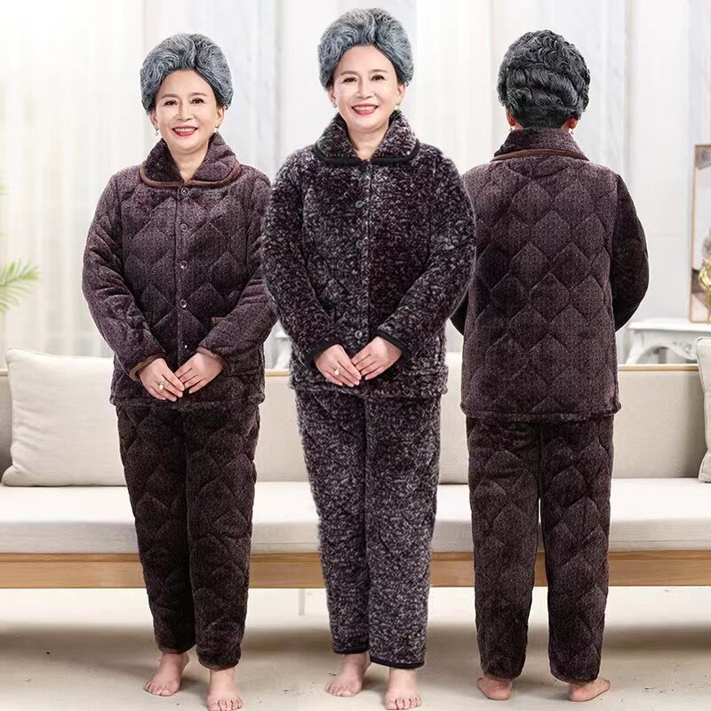 冬季妈妈加厚款睡衣女加肥大码200斤老年老奶奶珊瑚绒夹棉袄棉裤