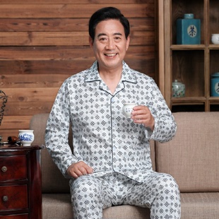 秋季爸爸薄款休闲睡衣裤开衫开裆口中年男长袖居家服父亲外穿男装