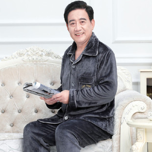 春秋季老年人珊瑚绒睡衣男大码爸爸加厚居家外套爷爷冬天保暖衣服