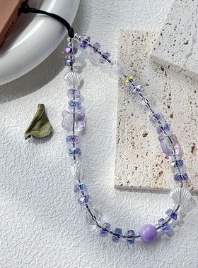 淡紫色猫咪贝壳水晶串珠手机链小众冷淡风手腕带小挂绳挂件吊饰品