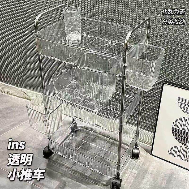 透明亚克力小推车置物架床头落地书架多层移动零食化妆品收纳架子