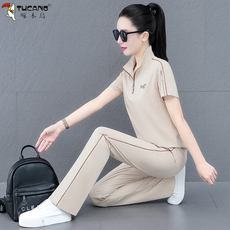 啄木鸟正品冰丝运动服套装女夏季中年妈妈时尚短袖长裤休闲两件套