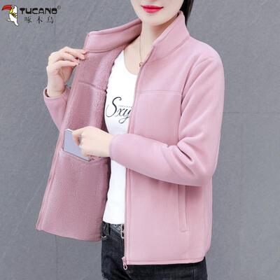 啄木鸟双面绒抓绒衣女2024新款秋冬季加绒加厚保暖奥粒绒立领上衣