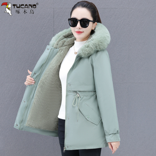 啄木鸟毛领棉服女款2025新款中长款加绒加厚冬季保暖连帽棉袄外套