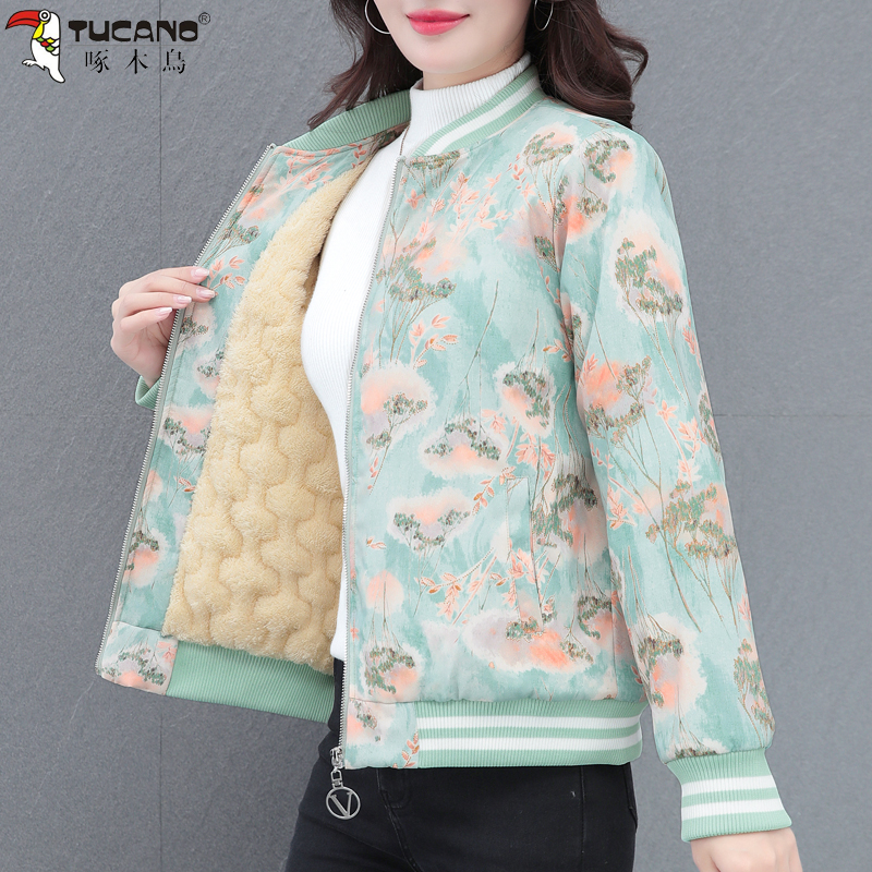 啄木鸟棒球服短外套女2025新款加绒加厚碎花短款中年妈妈开衫上衣