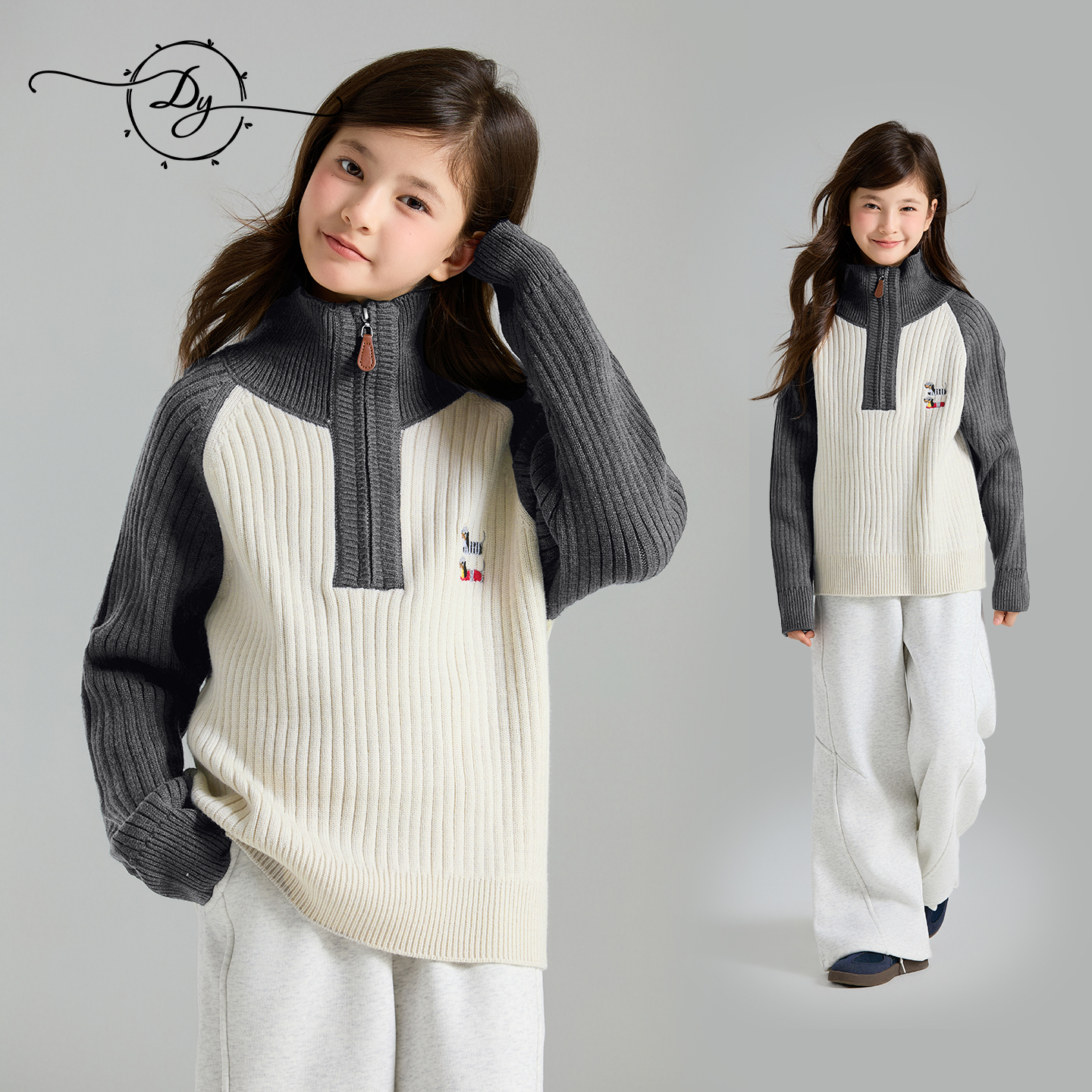 女童复古腊肠狗刺绣毛衣