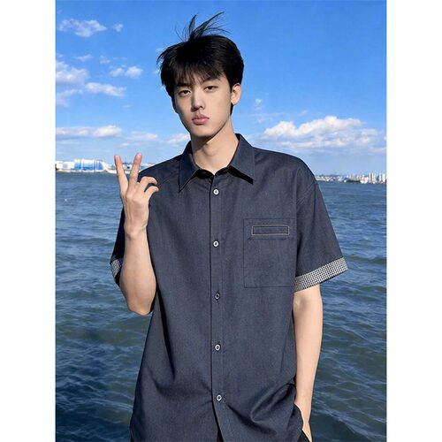 889衬衫港风拼接仿牛仔20266394格子夏季短袖男CD