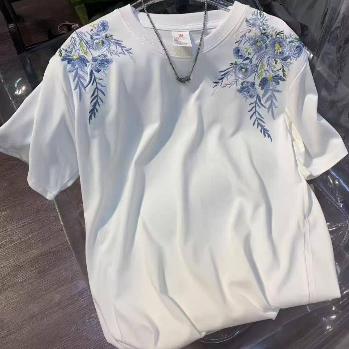 889刺绣花卉男青花瓷夏季上衣新款设计感美式t恤浮雕重工短袖新中
