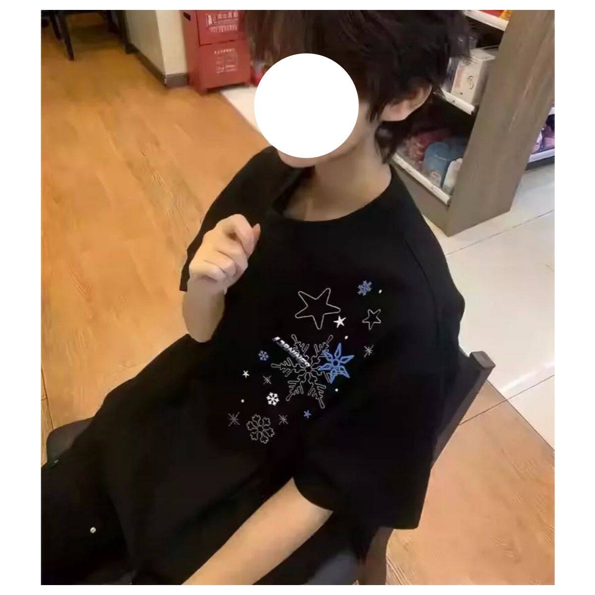 889肩高中雪花宽松正短袖学生初中半袖白色t恤刺绣上衣大童女