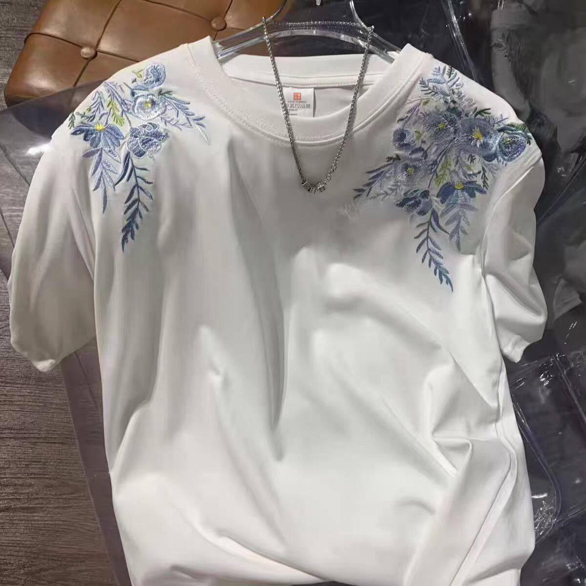 889新款短袖花卉重工上衣美式夏季青花瓷男t恤设计感刺绣新中式浮