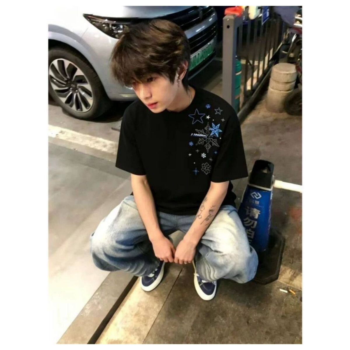889宽松男女T恤复古短袖刺绣美式同款雪花圆领上衣