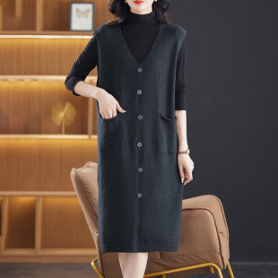 长款女士春秋冬口袋洋气马甲背心连衣裙羊毛针织衫加肥大码毛衣裙