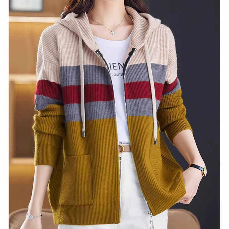 秋冬新款羊毛衫宽松连帽拼色时尚休闲针织开衫拉链口袋毛衣外套