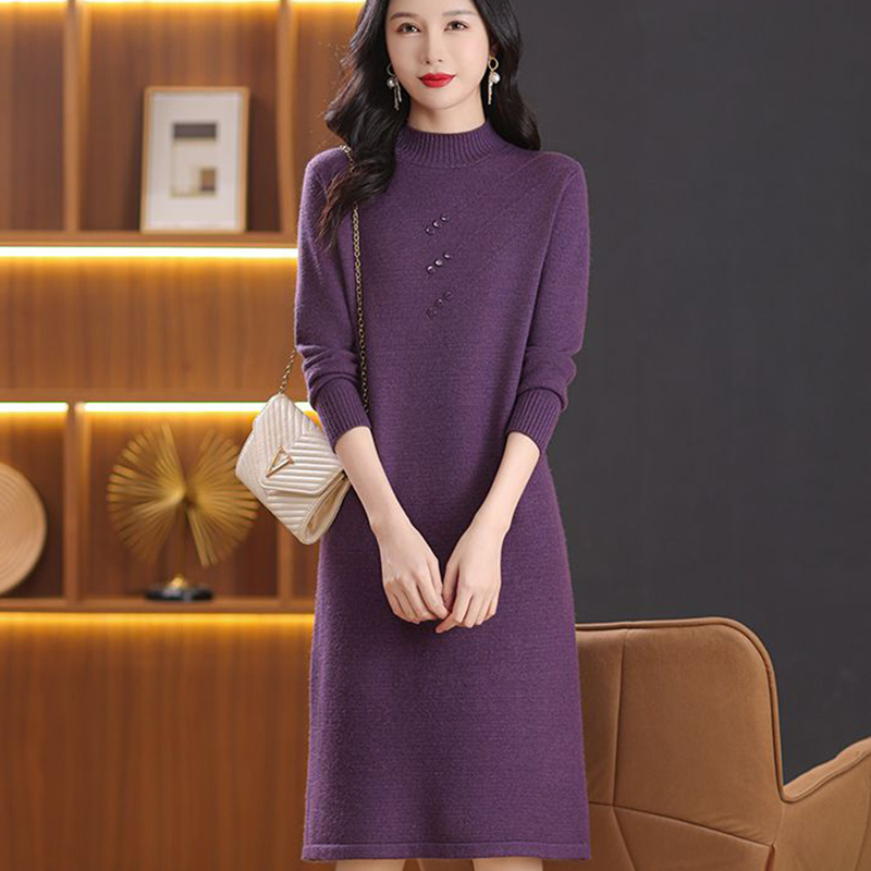 秋冬新中长款厚打底毛衣裙女士高档时尚洋气配大衣羊毛针织连衣裙