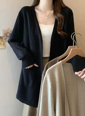 秋冬中长女新品羊毛针织口袋开衫
