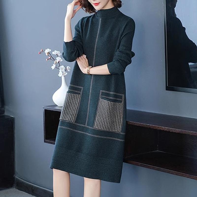秋冬新品羊毛针织衫厚款女士毛衣裙加大码口袋洋气过膝中长款毛衣