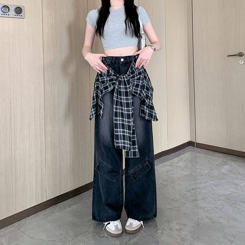 拆卸屁帘拼接格纹假两件牛仔裤女